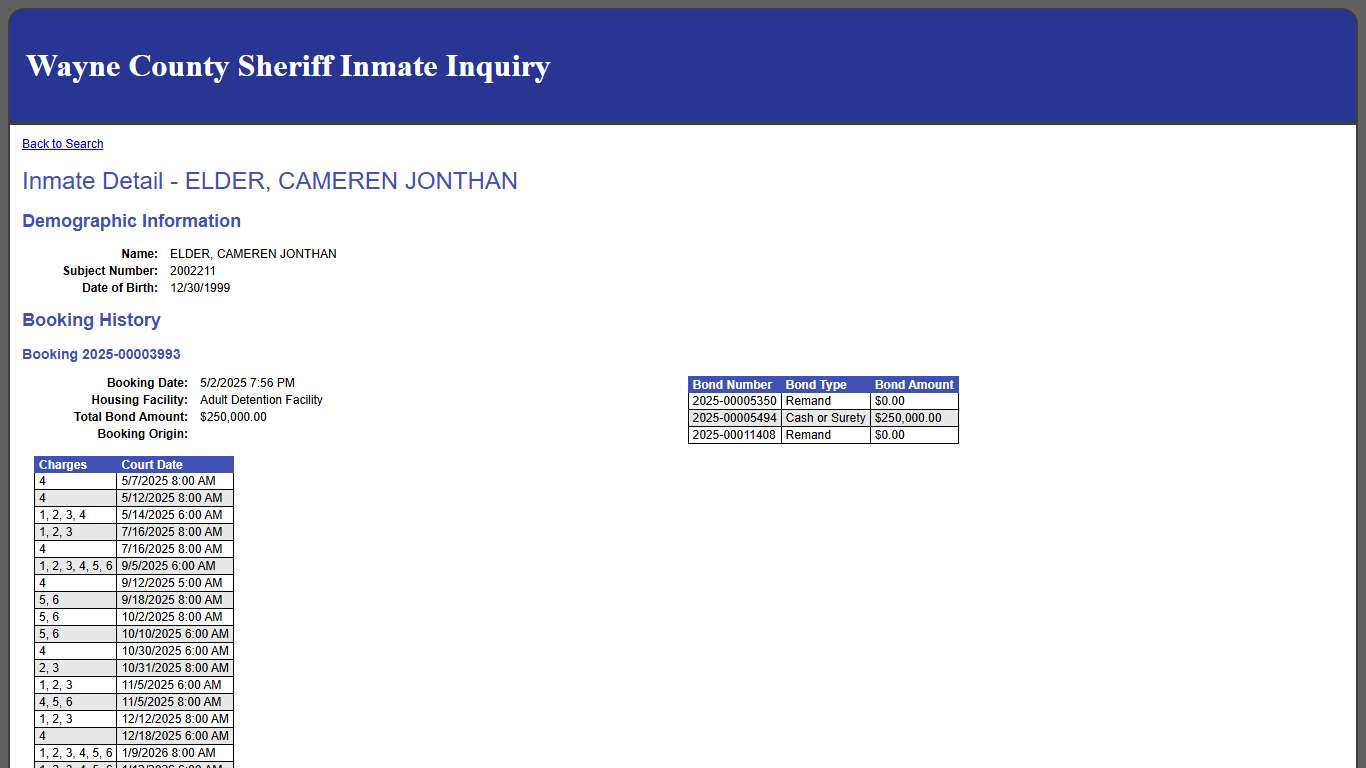 Inmate Detail - ELDER, CAMEREN JONTHAN